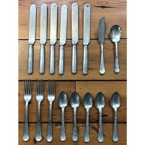 Set Lot 16 Pc Mixed Vintage Antique Malabar Plate Flatware Forks Spoons Knives